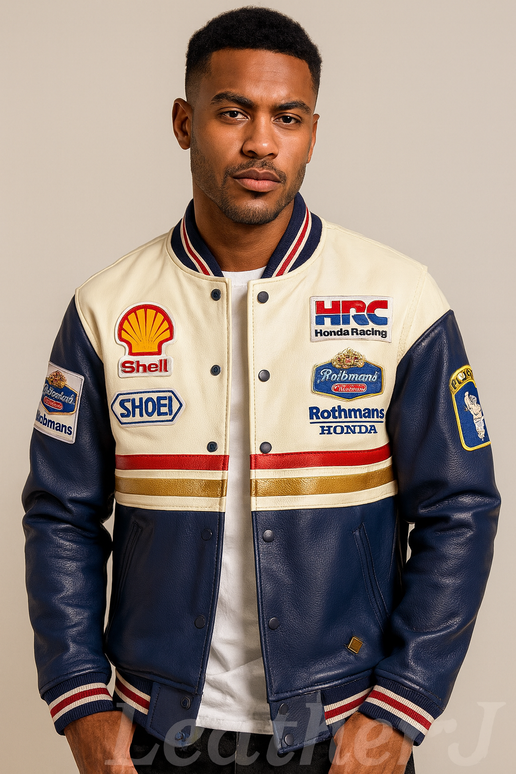 Men’s Vintage Honda Racing Rothmans Leather Jacket – Blue & White Moto Style