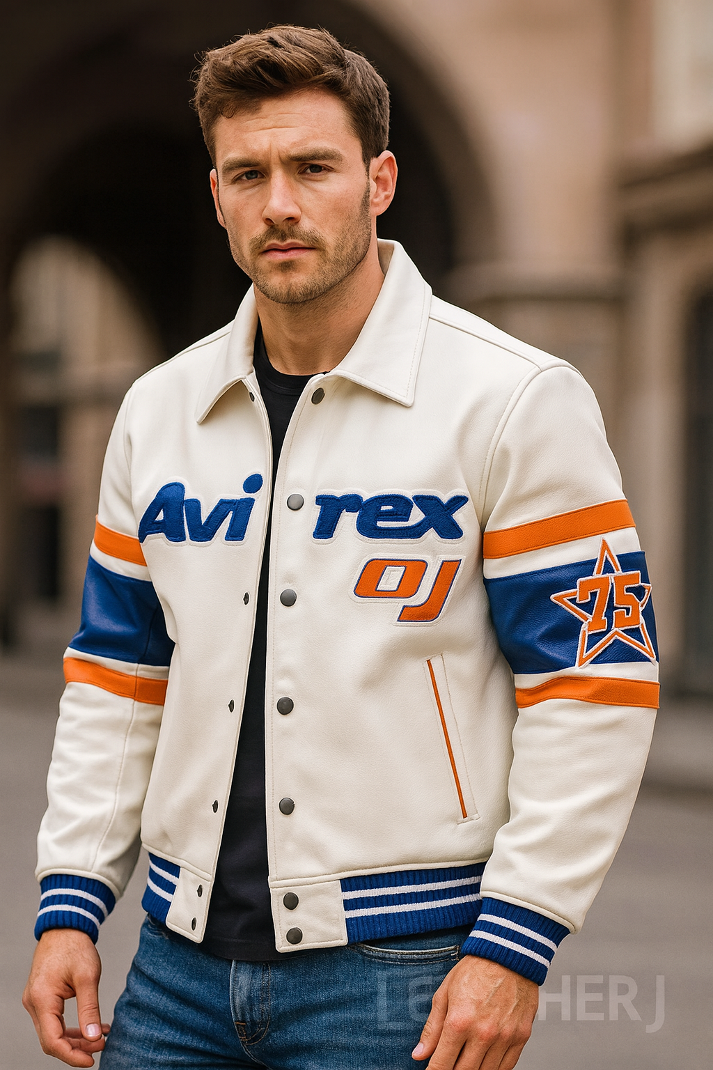 Men’s White Avirex Varsity Leather Jacket – Blue & Orange Retro Sports Style