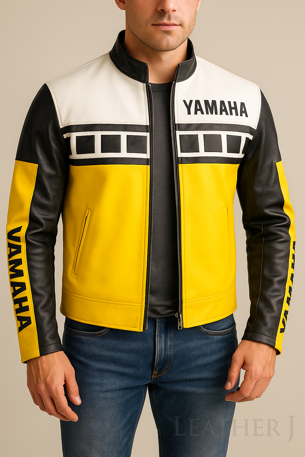 Men’s Yamaha Racing Leather Jacket – Yellow Black White Motorcycle Biker Style