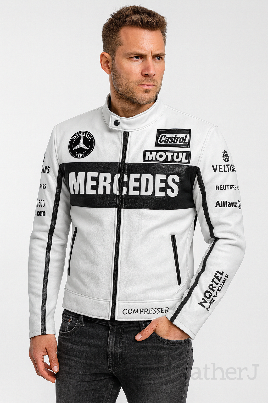 Mercedes Racing White Leather Jacket – Premium Real Leather Motorsport Style