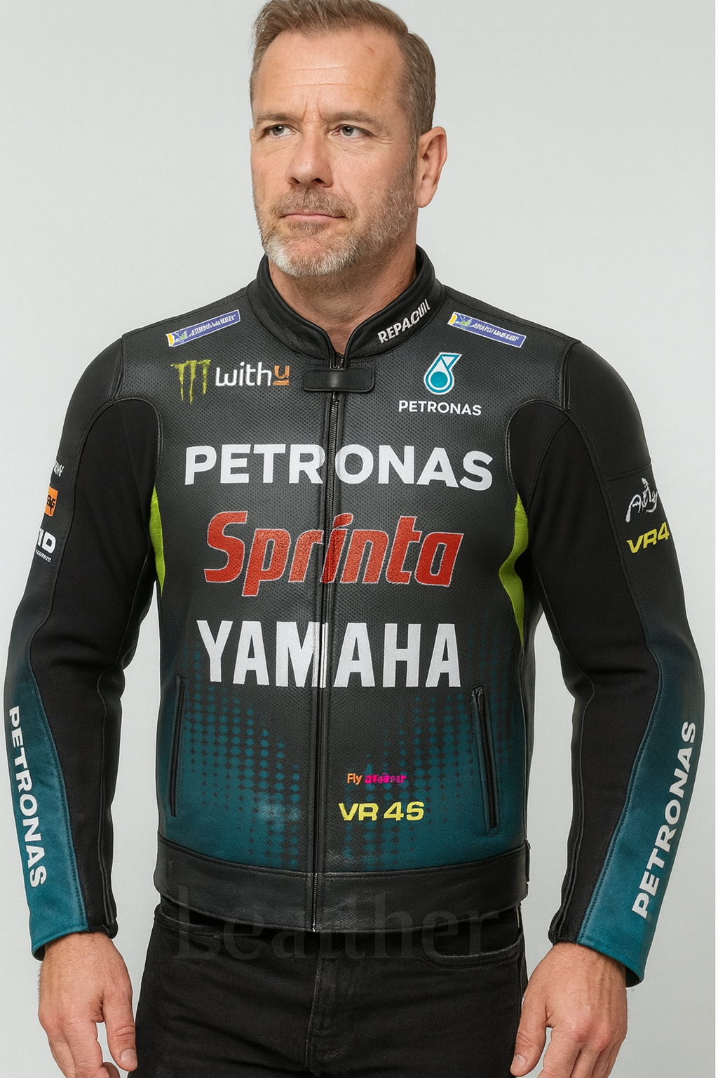 Petronas Yamaha VR46 Racing Leather Jacket – Black, Green & Teal | Men’s Premium Motorcycle Gear