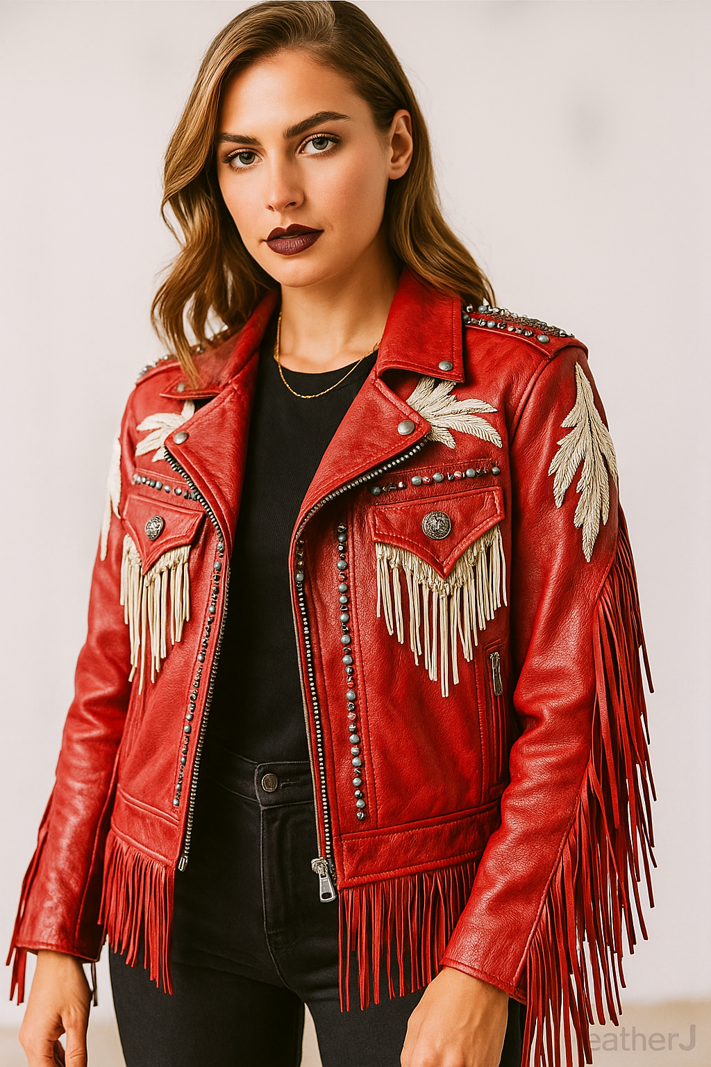 Red Fringe Leather Jacket with Western Embroidery & Stud Detailing – Women’s Genuine Leather