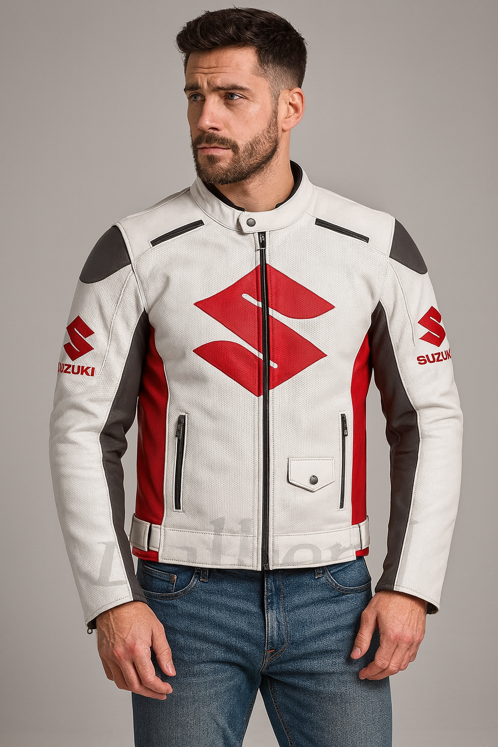 Suzuki Racing Leather Jacket – White, Red & Grey | Men’s Premium Motorcycle Gear