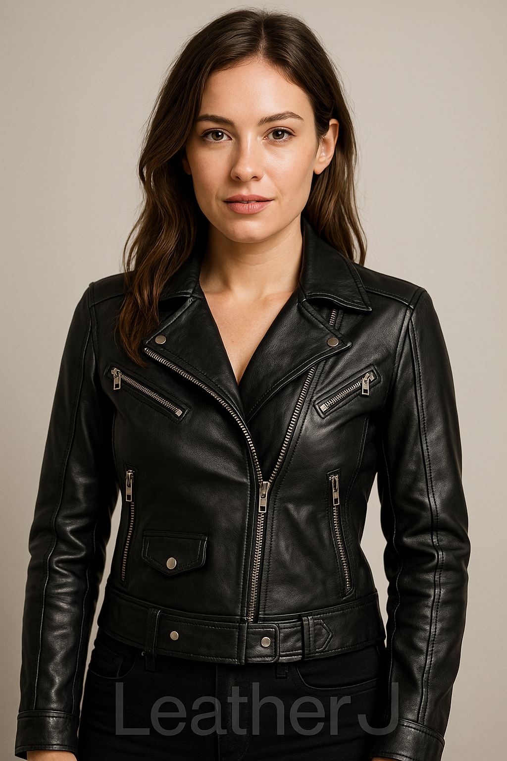Women’s Black Real Leather Jacket – Slim Fit Moto Style with Multiple Zipper Pockets