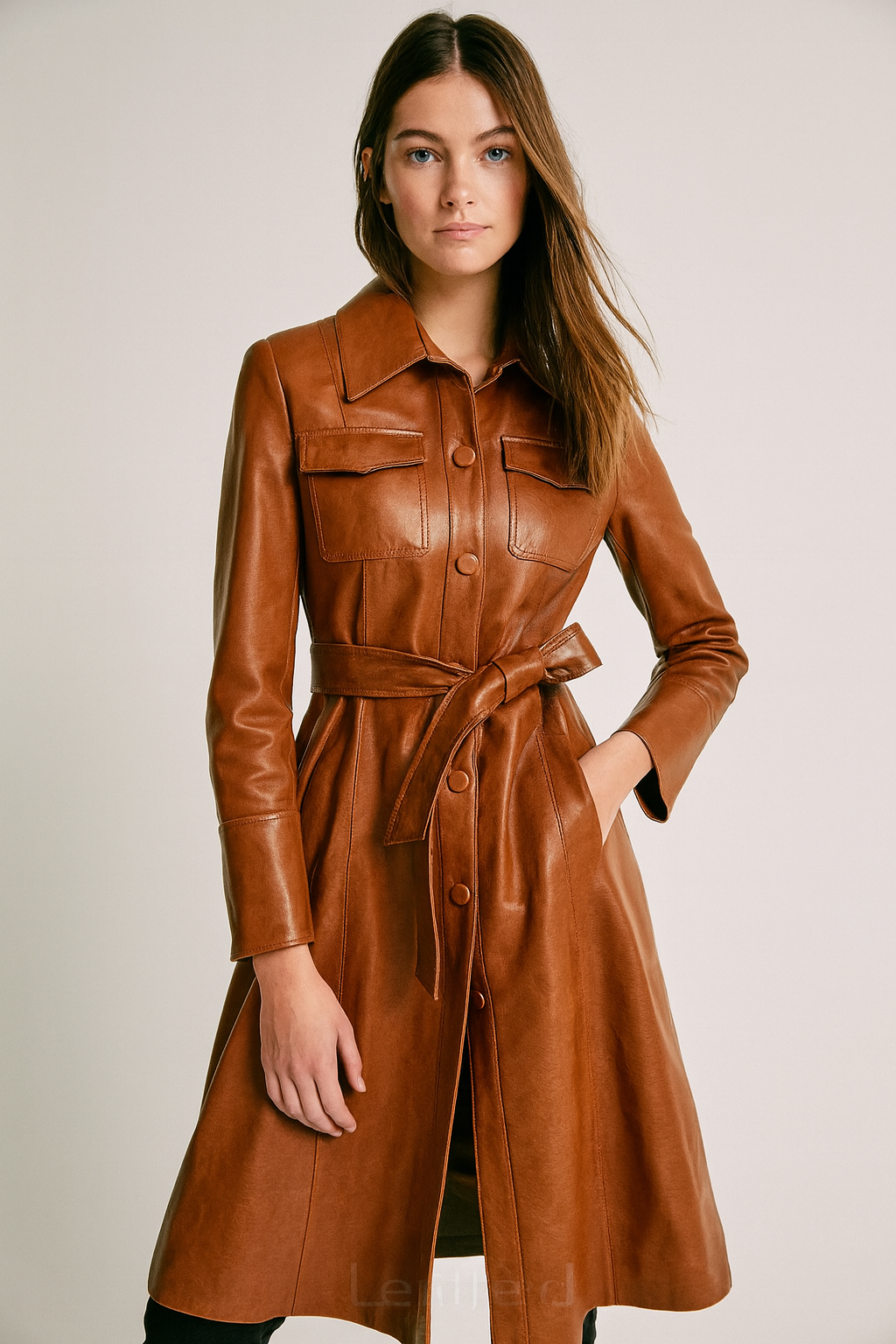 Women’s Cognac Brown Real Leather Trench Coat – Long Belted Designer Jacket