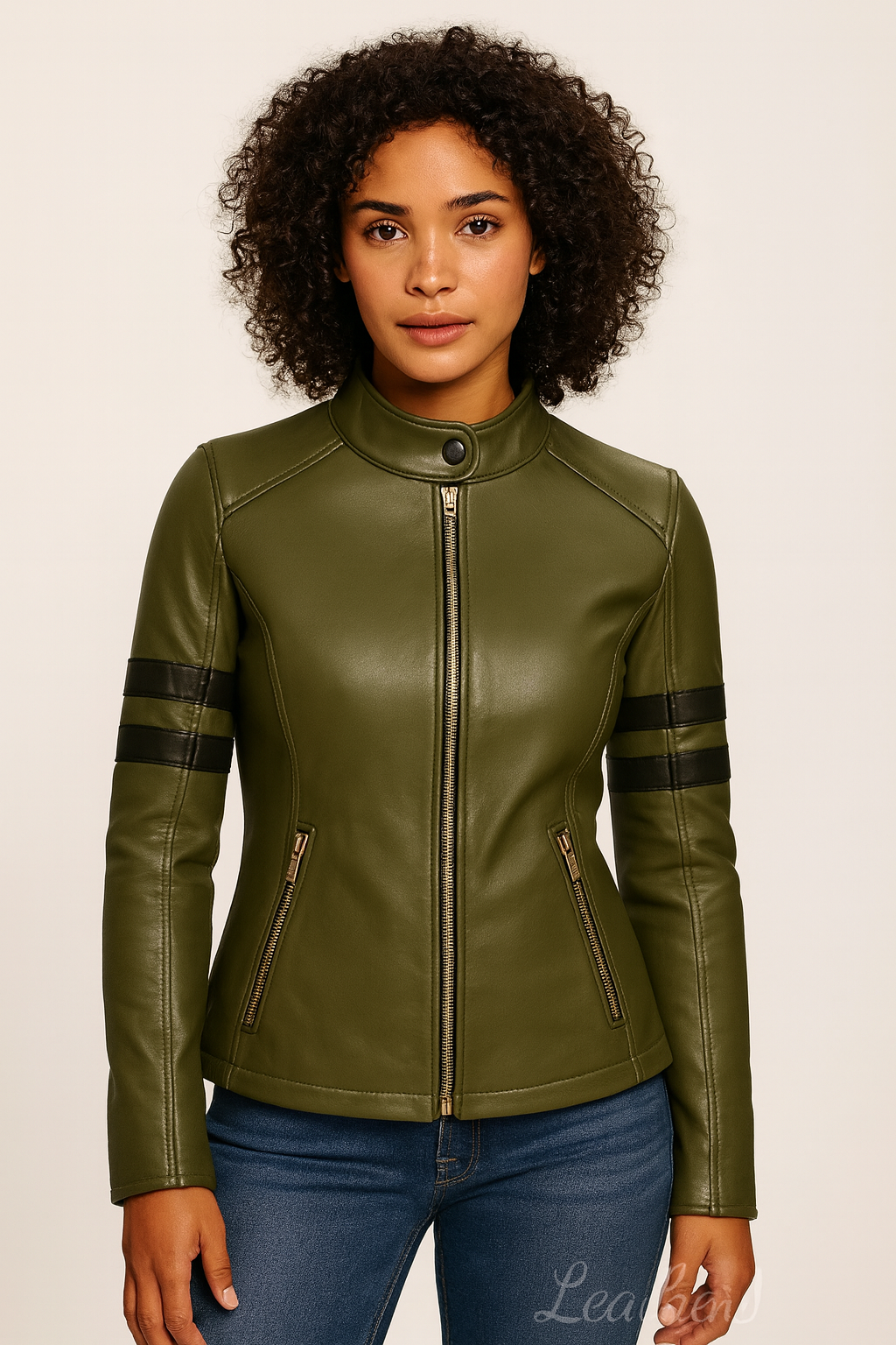 Women’s Olive Green Genuine Leather Biker Jacket – Slim Fit Moto Style