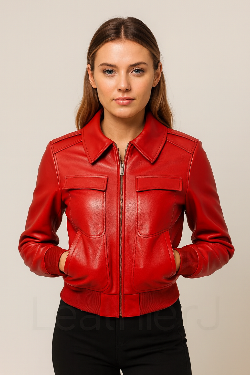 Women’s Red Real Leather Jacket – Slim Fit Bomber Style with Front Pockets