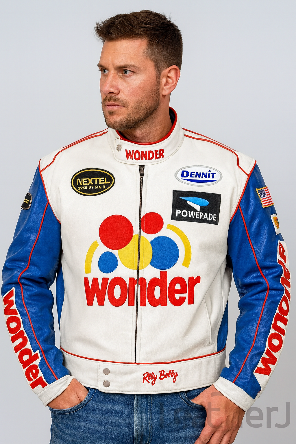 Wonder Racing Label Wonder Racing Leather Jacket – White, Blue & Red Men’s Premium ...