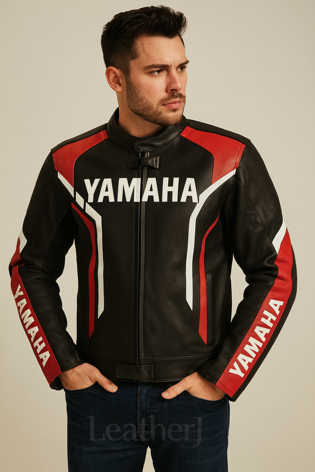 Yamaha Racing Leather Jacket – Black, Red & White  Men’s Premium Motorcycle Apparel