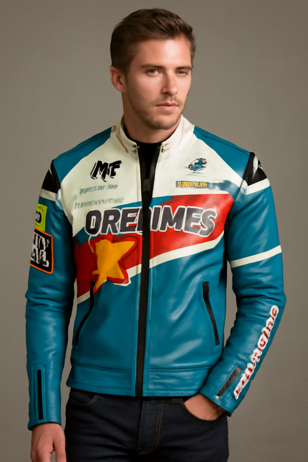 Dreamer Racing Leather Jacket for Men – Blue, Red & White Real Leather Biker Style