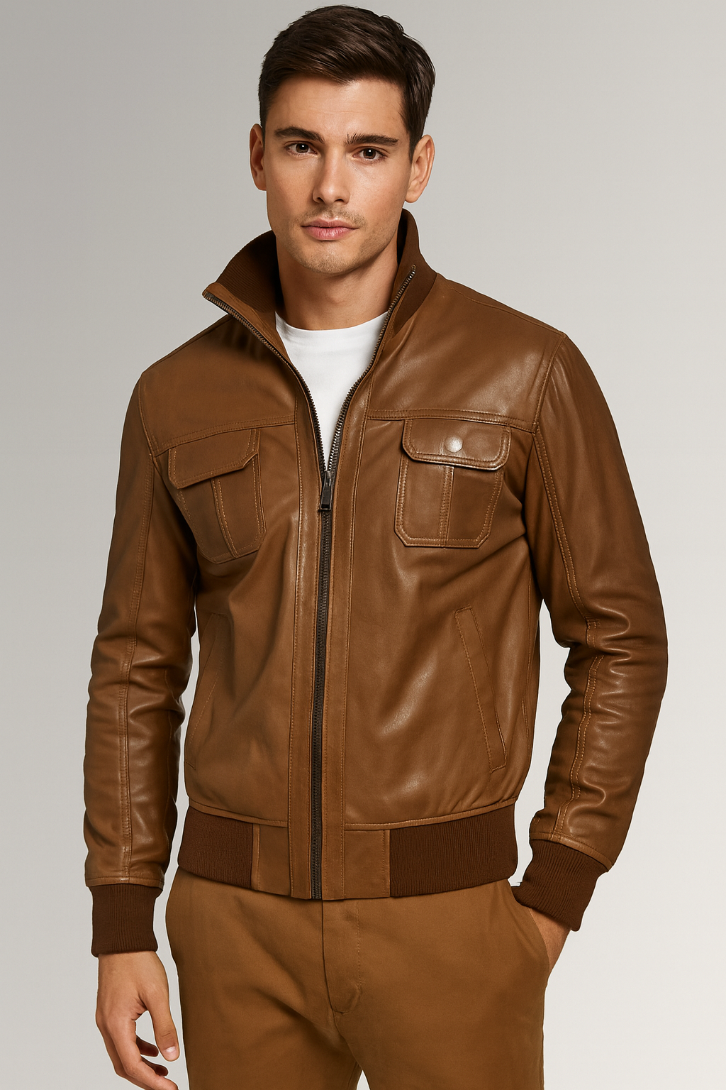 Men’s Premium Tan Leather Bomber Jacket – Classic Fit