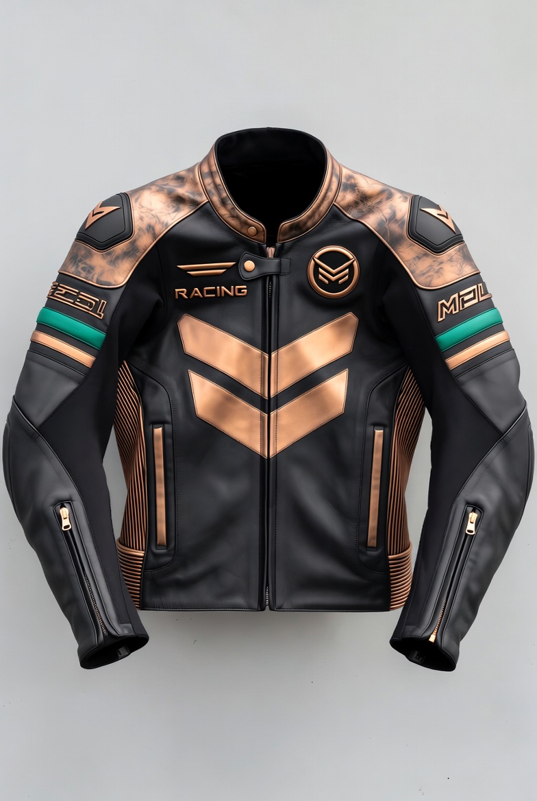 Bronze Vanguard Racing Leather Jacket – Matte BlackBronzeEmerald Edition