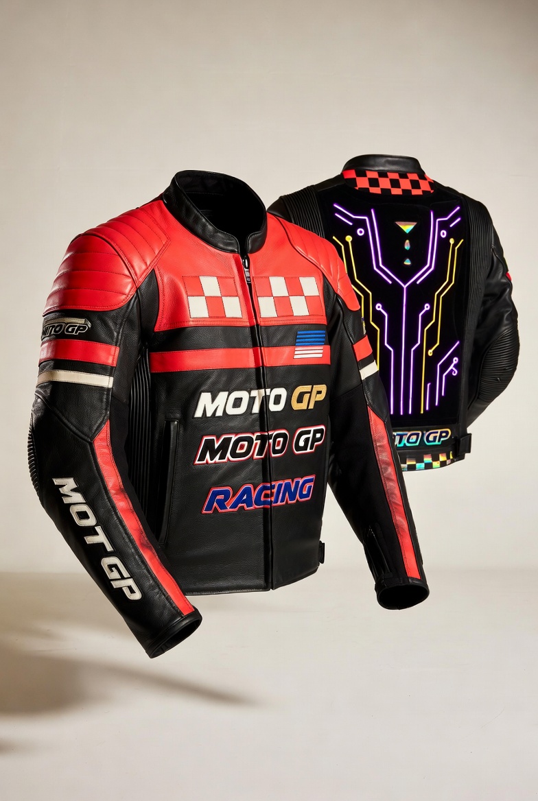 Iridescent Neon Circuit Racing Leather Jacket – Cyber Moto Black/Red Holo Edition