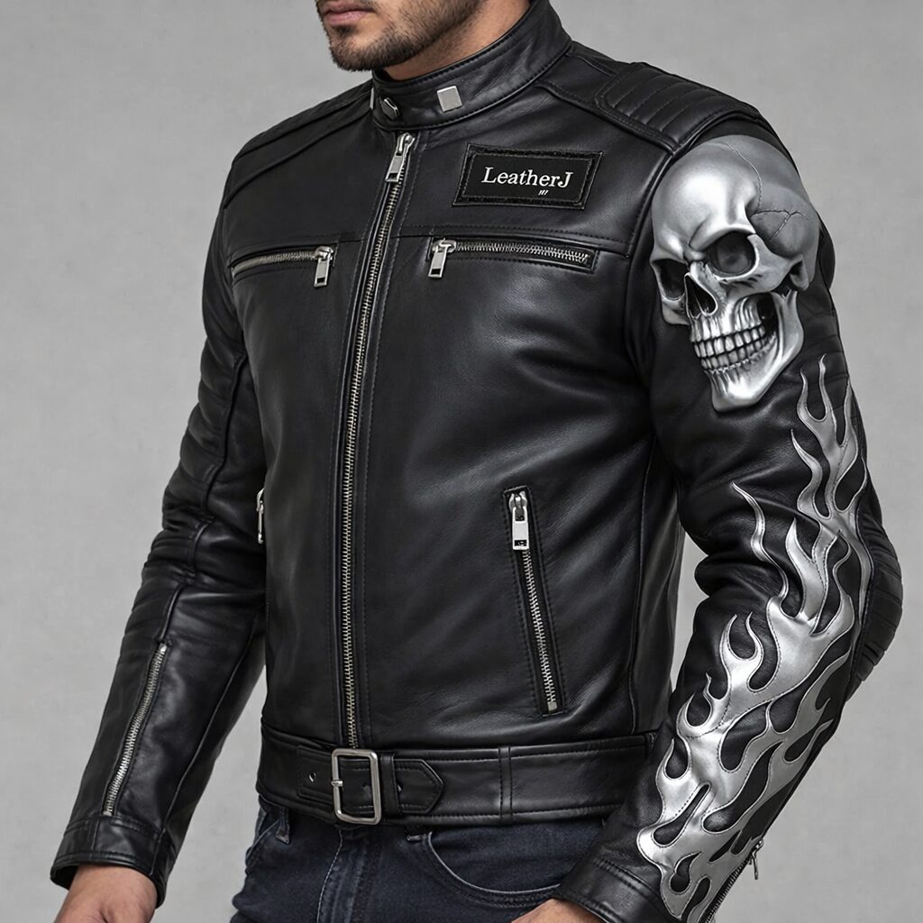 LeatherJ Skull Flame Rider Black Leather Jacket