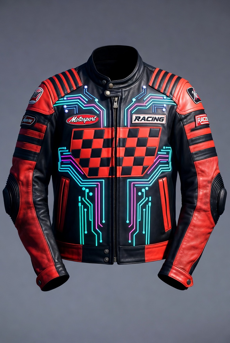 Neon Circuit MotoGP Racing Leather Jacket – Cyberpunk Black/Red Glow