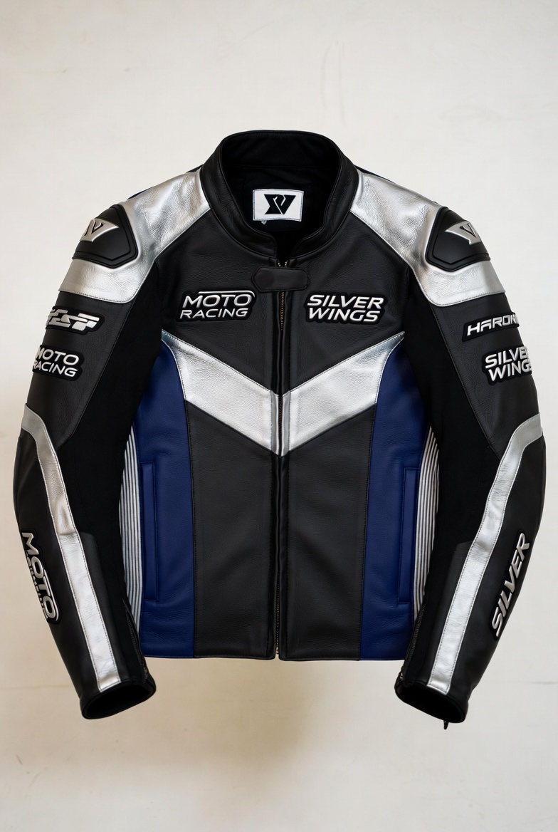 Silver Wings Luxury Racing Leather Jacket – Matte Black/Silver/Blue Edition