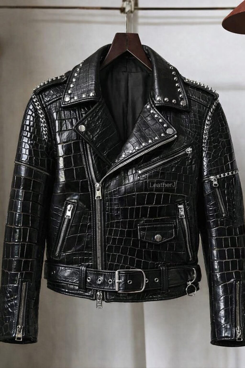 Black Croc-Embossed Studded Biker Leather Jacket