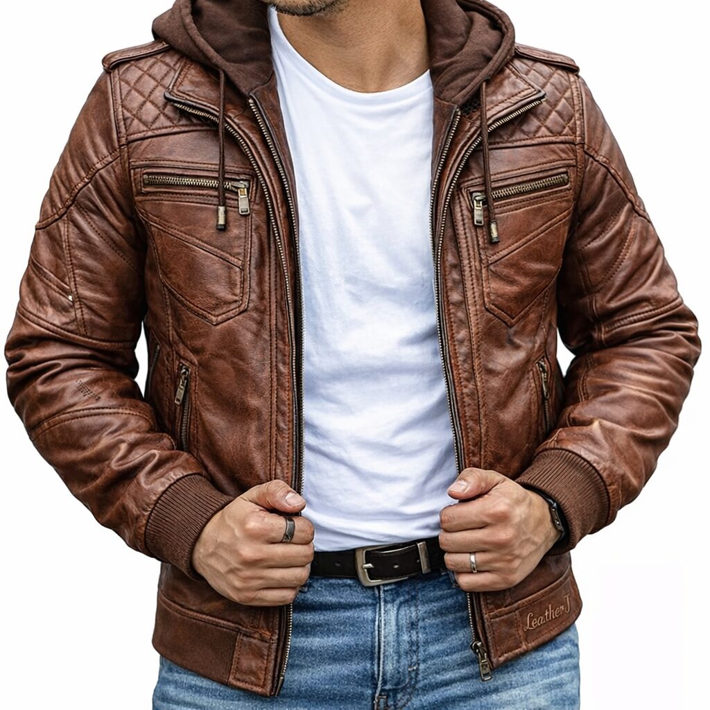 Men’s Premium Brown Hooded Leather Jacket – Quilted Shoulder Design