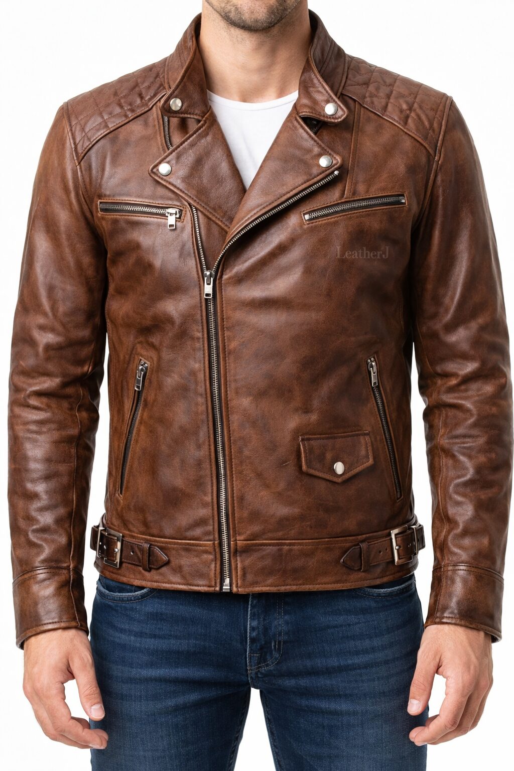 Men’s Vintage Brown Asymmetrical Biker Leather Jacket – Slim Fit