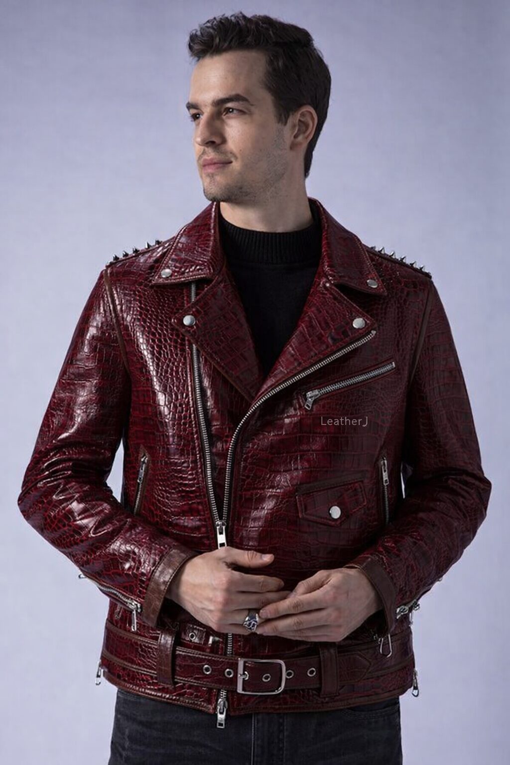 Burgundy Croc-Embossed Studded Biker Leather Jacket