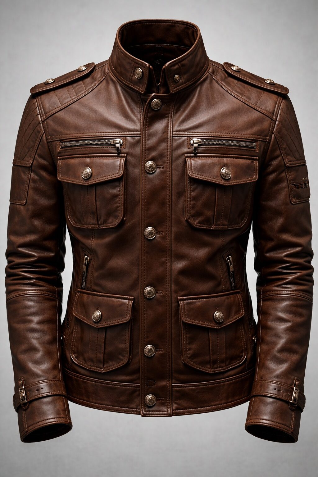 Brown Military Style Leather Jacket – Classic Utility Design