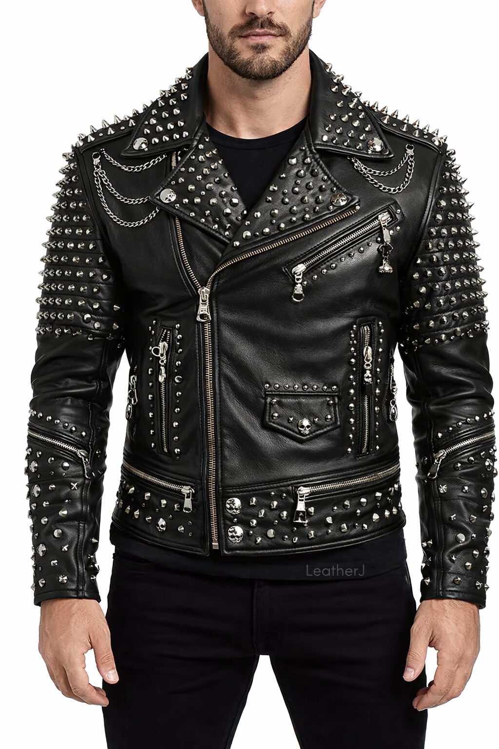Men’s Black Studded Biker Leather Jacket – Heavy Metal Punk Style