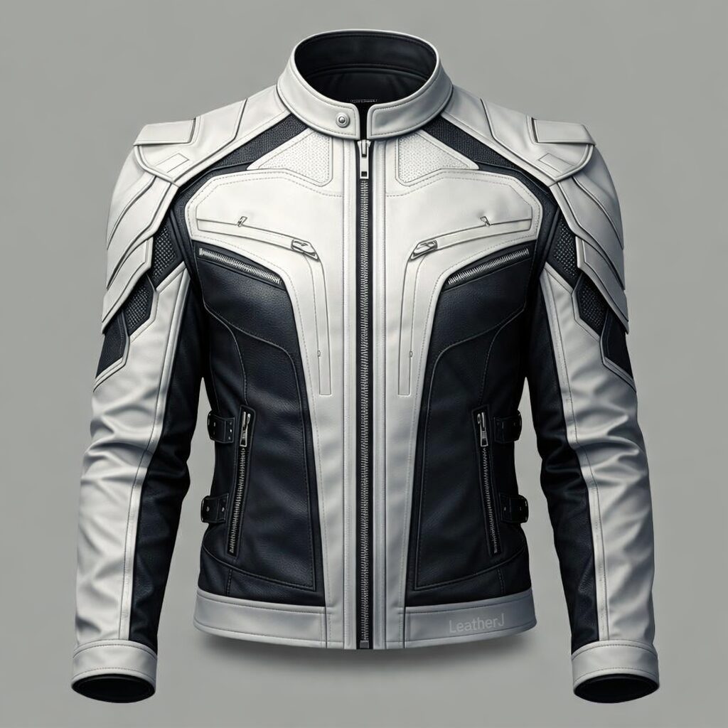 Futuristic black and white leather jacket