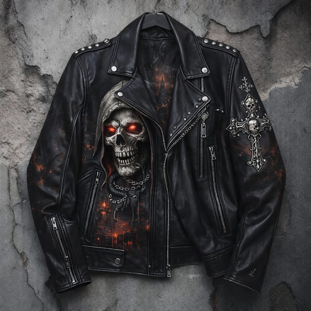 Gothic Skull Biker Leather Jacket – Handcrafted Dark Streetwear Statement Piece