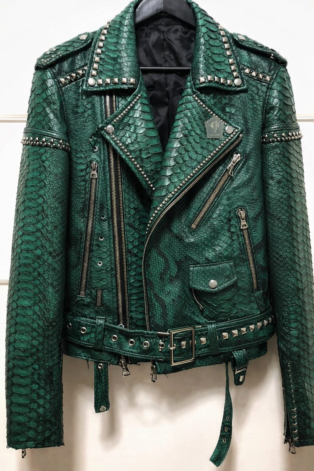 Emerald Python-Textured Studded Biker Leather Jacket