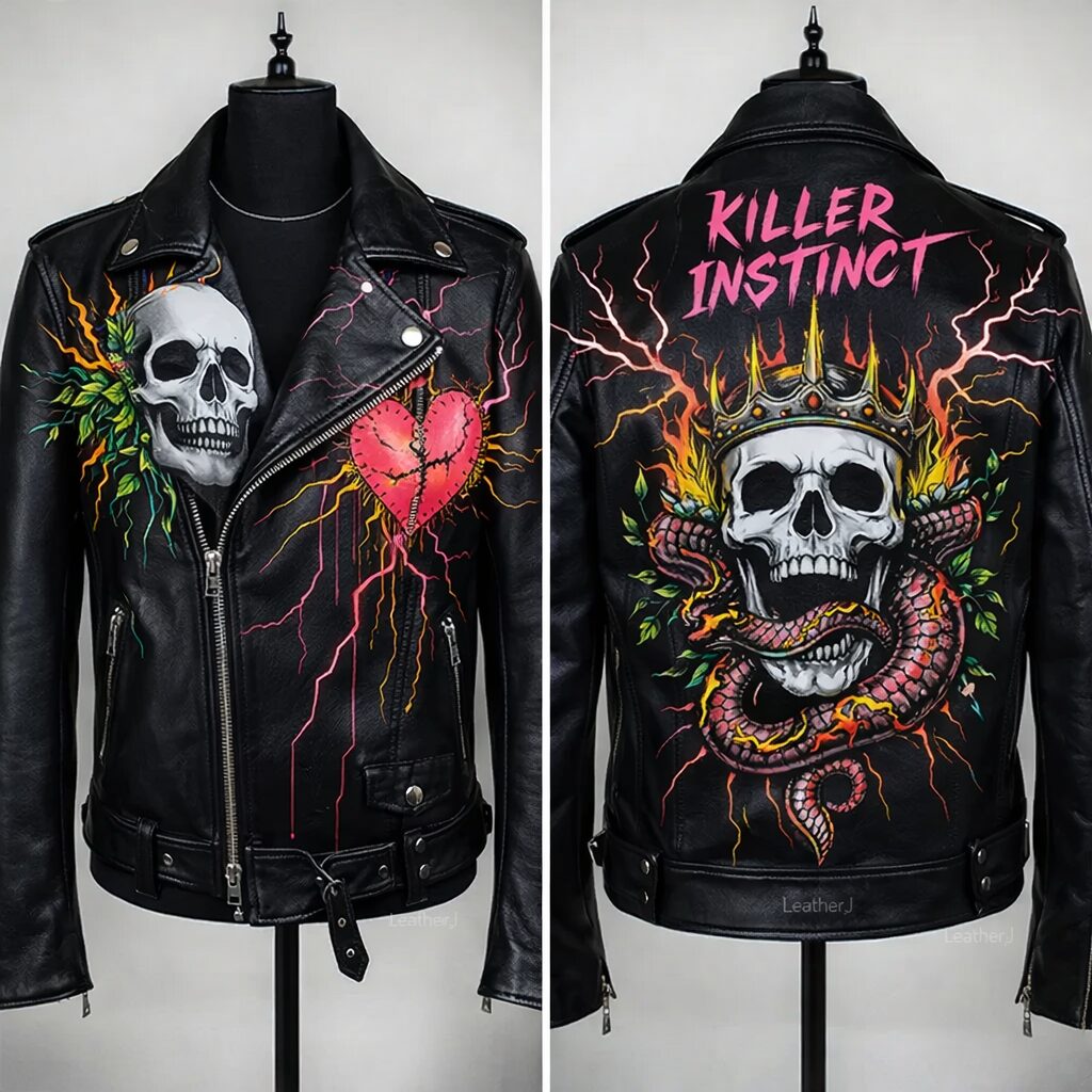 Hand-Painted Black Leather Biker Jacket with Skull & Graffiti Art