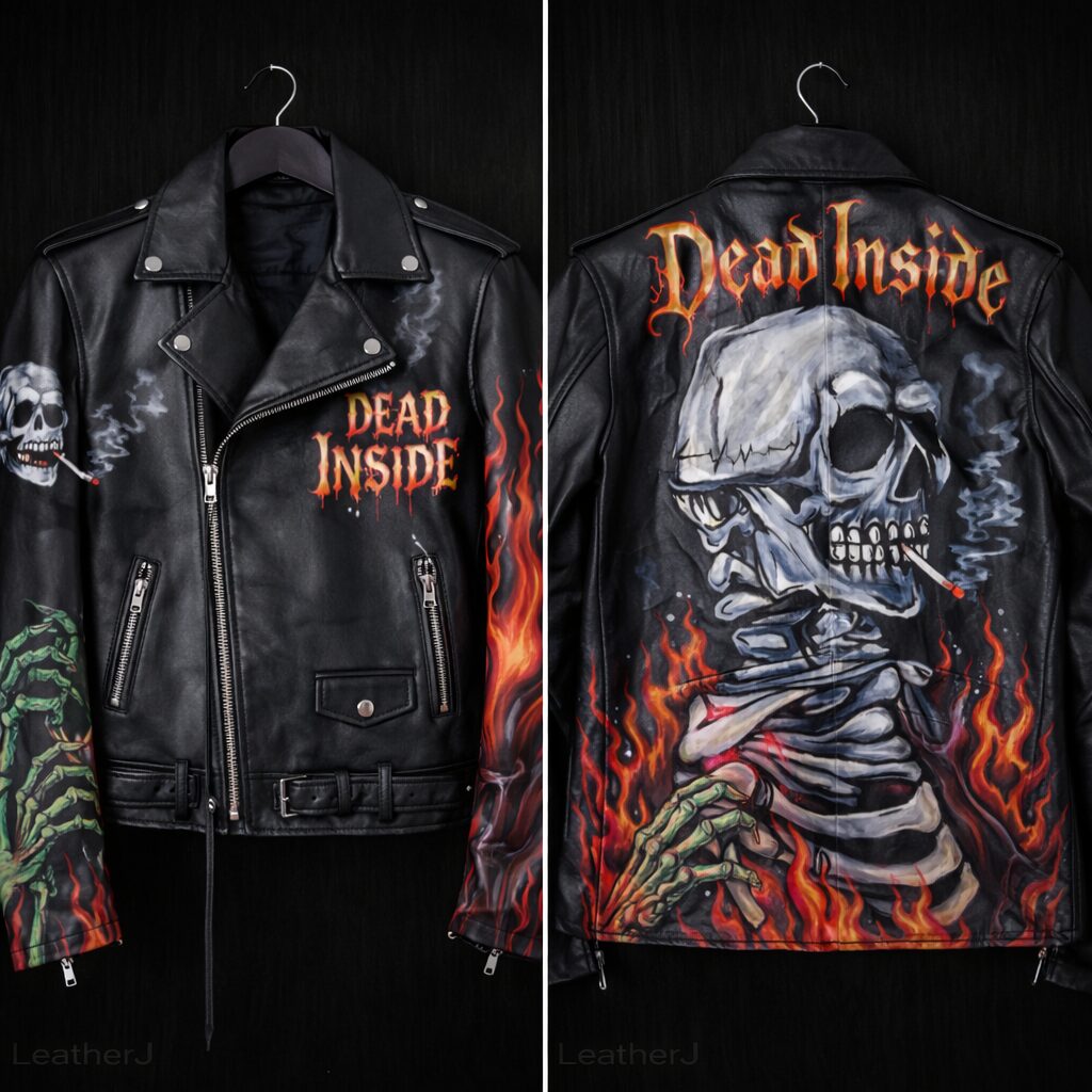 Hand-Painted “Dead Inside” Skeleton Flame Biker Jacket