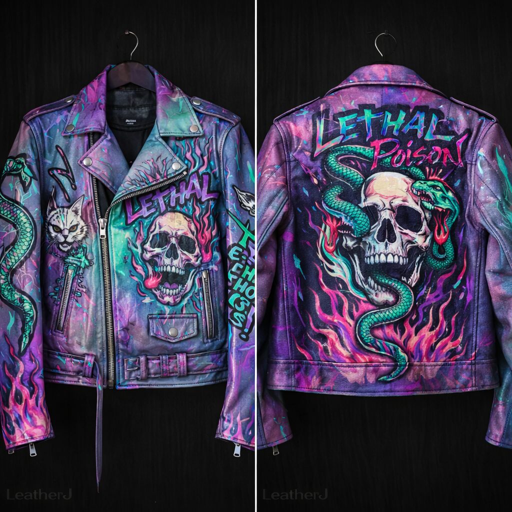 Hand-Painted Iridescent Graffiti Skull & Snake Biker Jacket