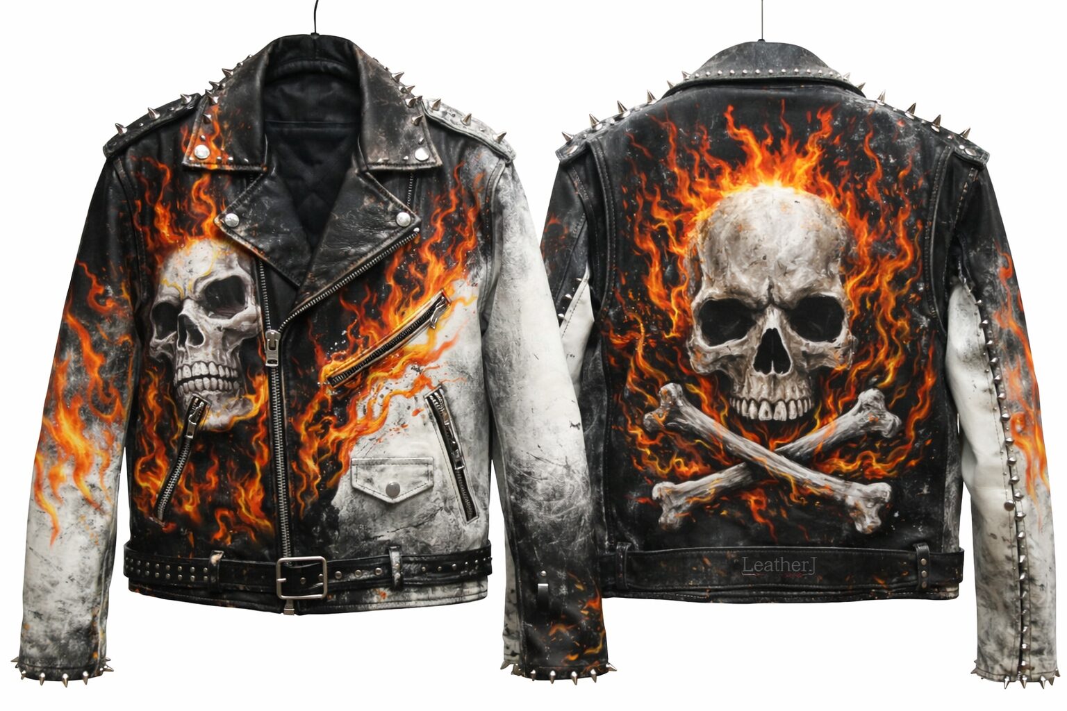 Inferno Skull Hand-Painted Leather Biker Jacket