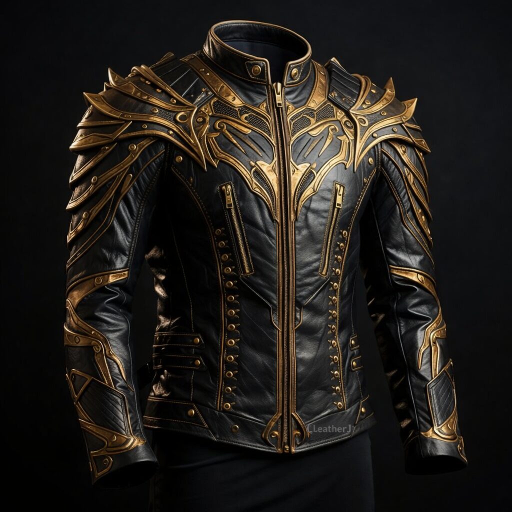 Black & Gold Armored Leather Jacket – Futuristic Regal Design