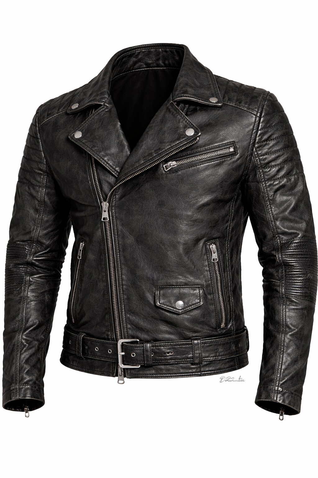 Men’s Black Distressed Biker Leather Jacket – Asymmetrical Zip Moto Style with Belt
