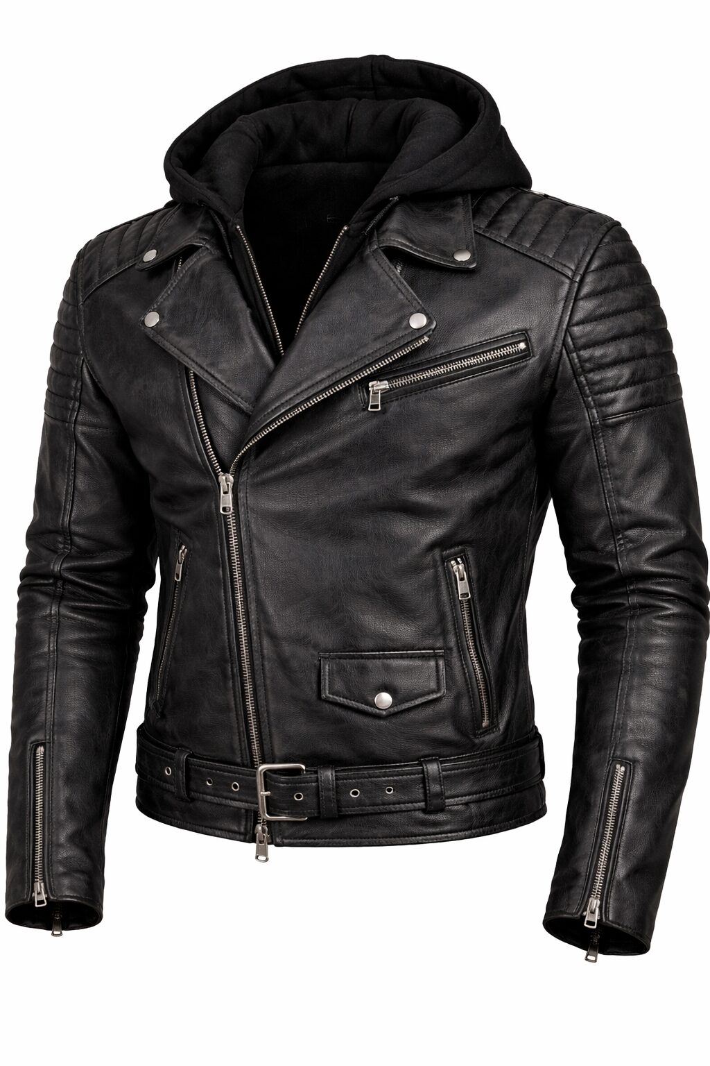Men’s Black Hooded Biker Leather Jacket – Asymmetrical Moto Style with Belt