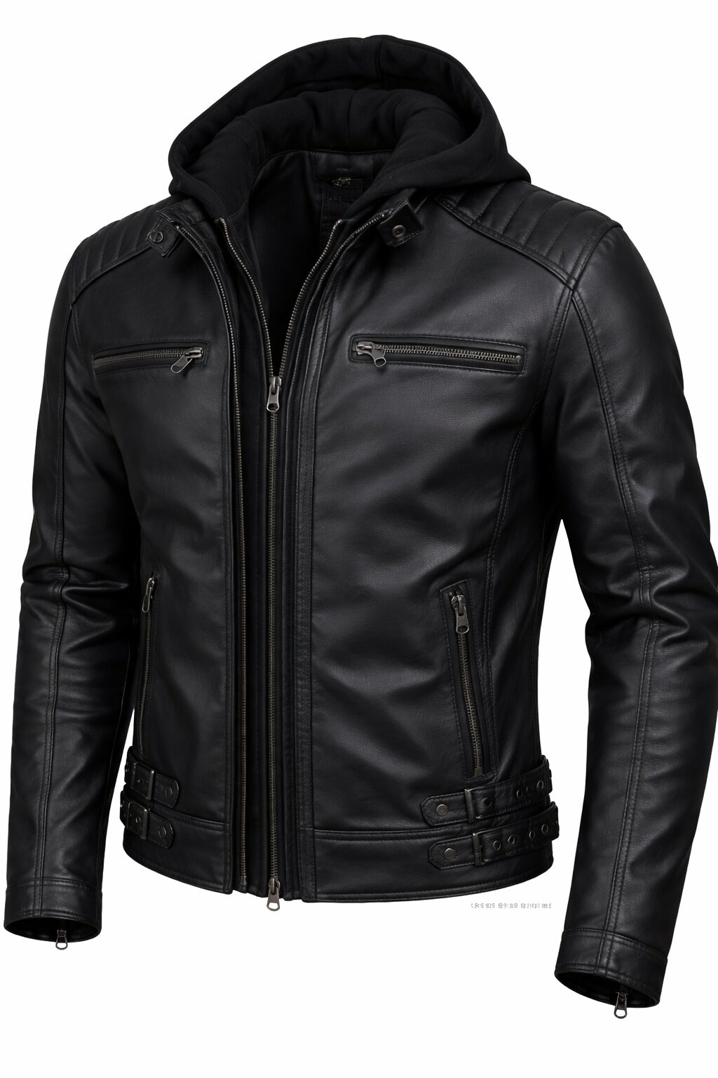 Men’s Black Hooded Leather Jacket – Slim Fit Biker Style with Quilted Shoulders