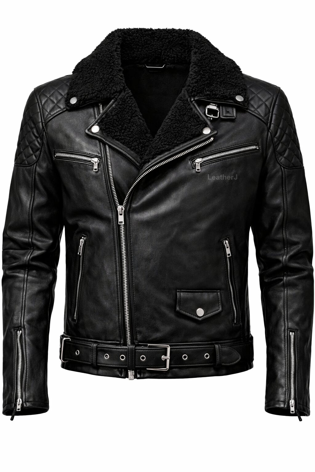 Men’s Black Shearling Collar Biker Leather Jacket – Premium Slim Fit