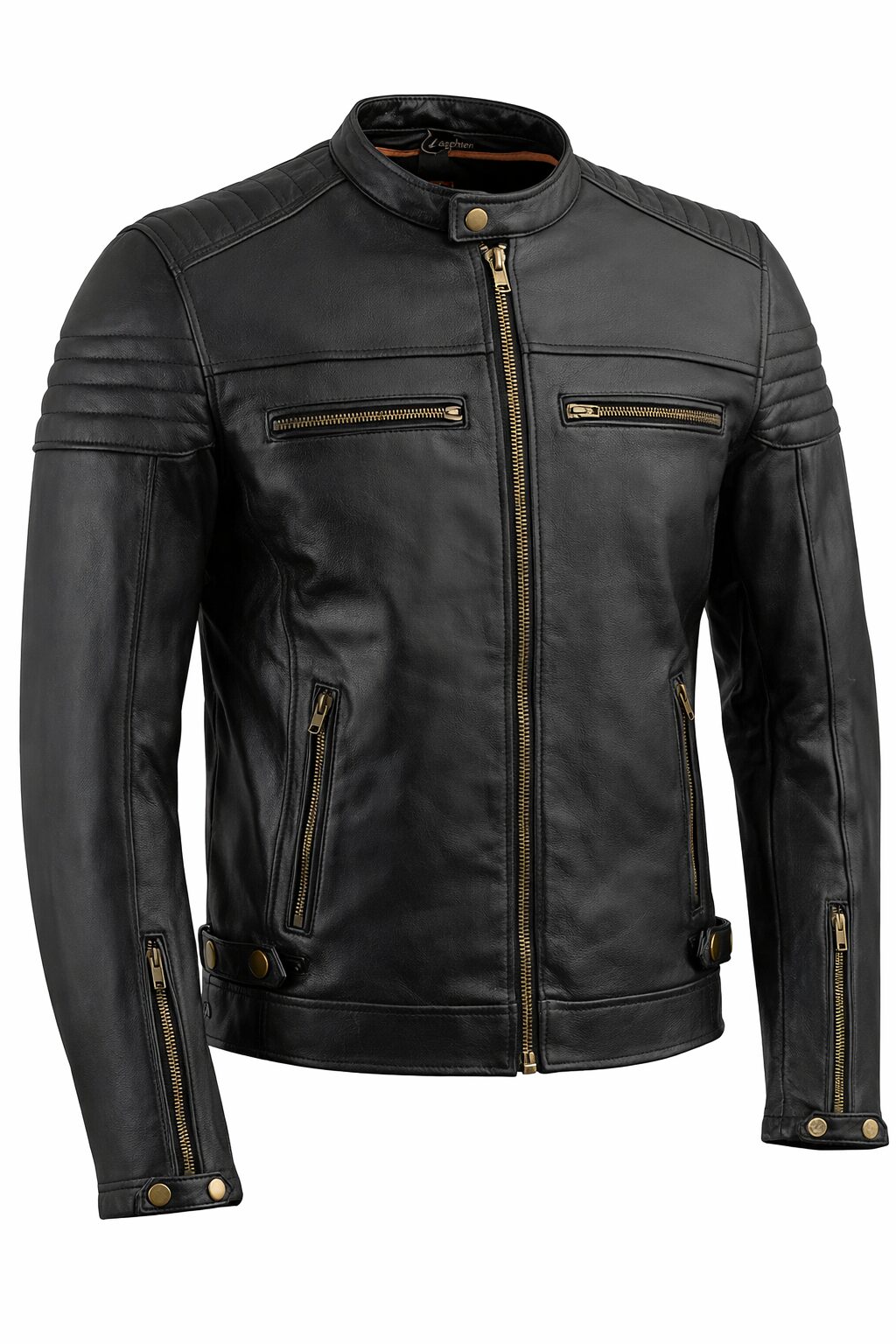 Men’s Classic Black Leather Biker Jacket – Quilted Shoulder Detail