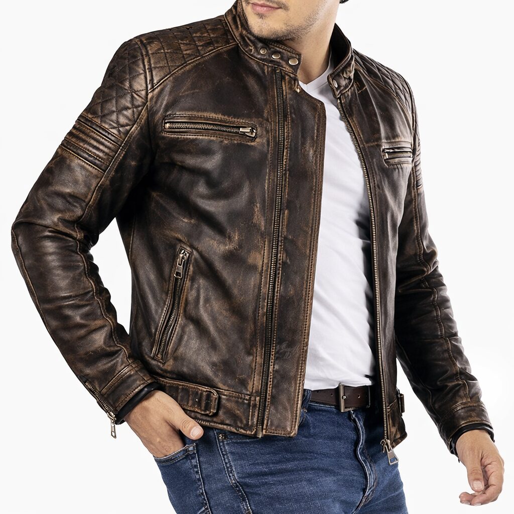 Men’s Distressed Brown Leather Biker Jacket – Vintage Quilted Shoulder Style