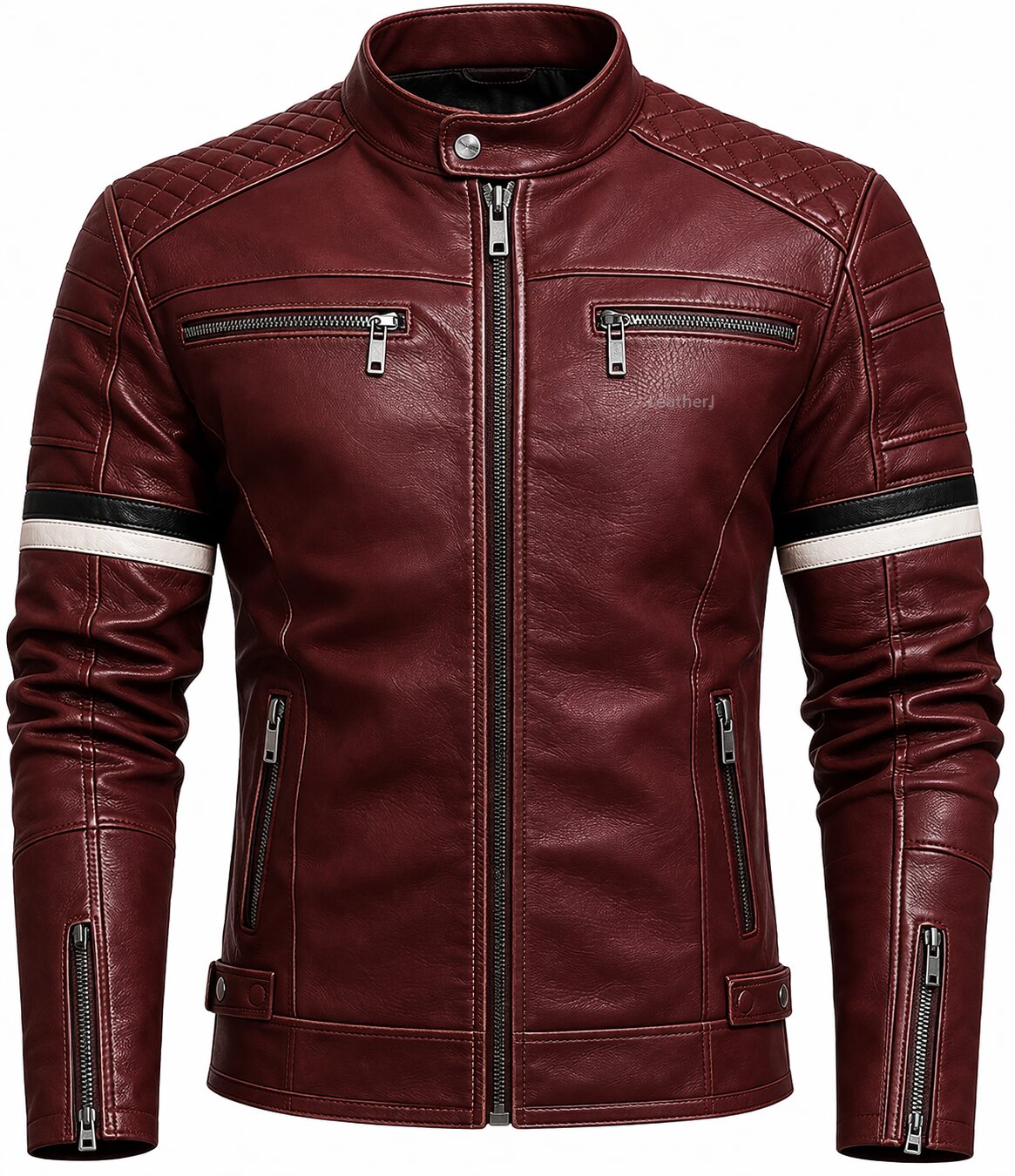 Men’s Premium Burgundy Leather Biker Jacket – Quilted Shoulder Design