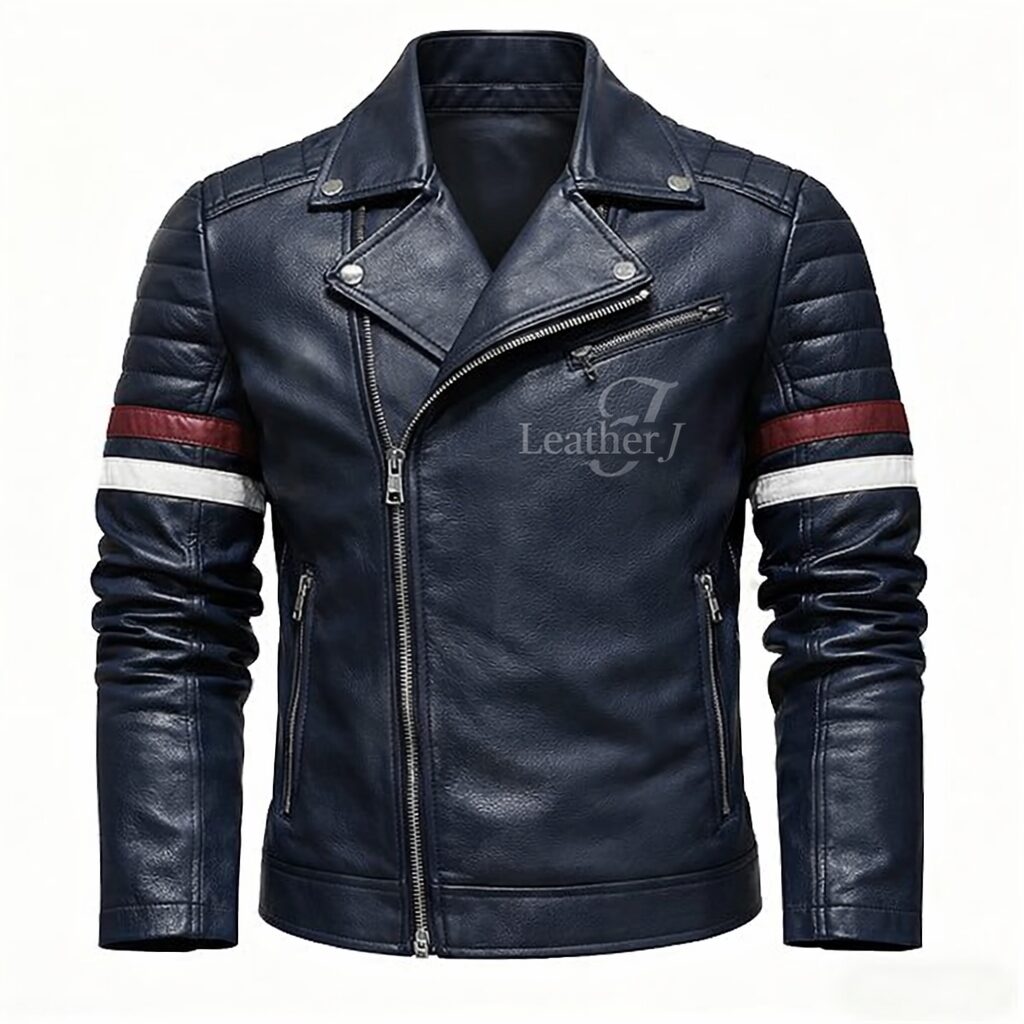 Men’s Premium Navy Blue Leather Biker Jacket – Asymmetrical Zip  Slim Fit