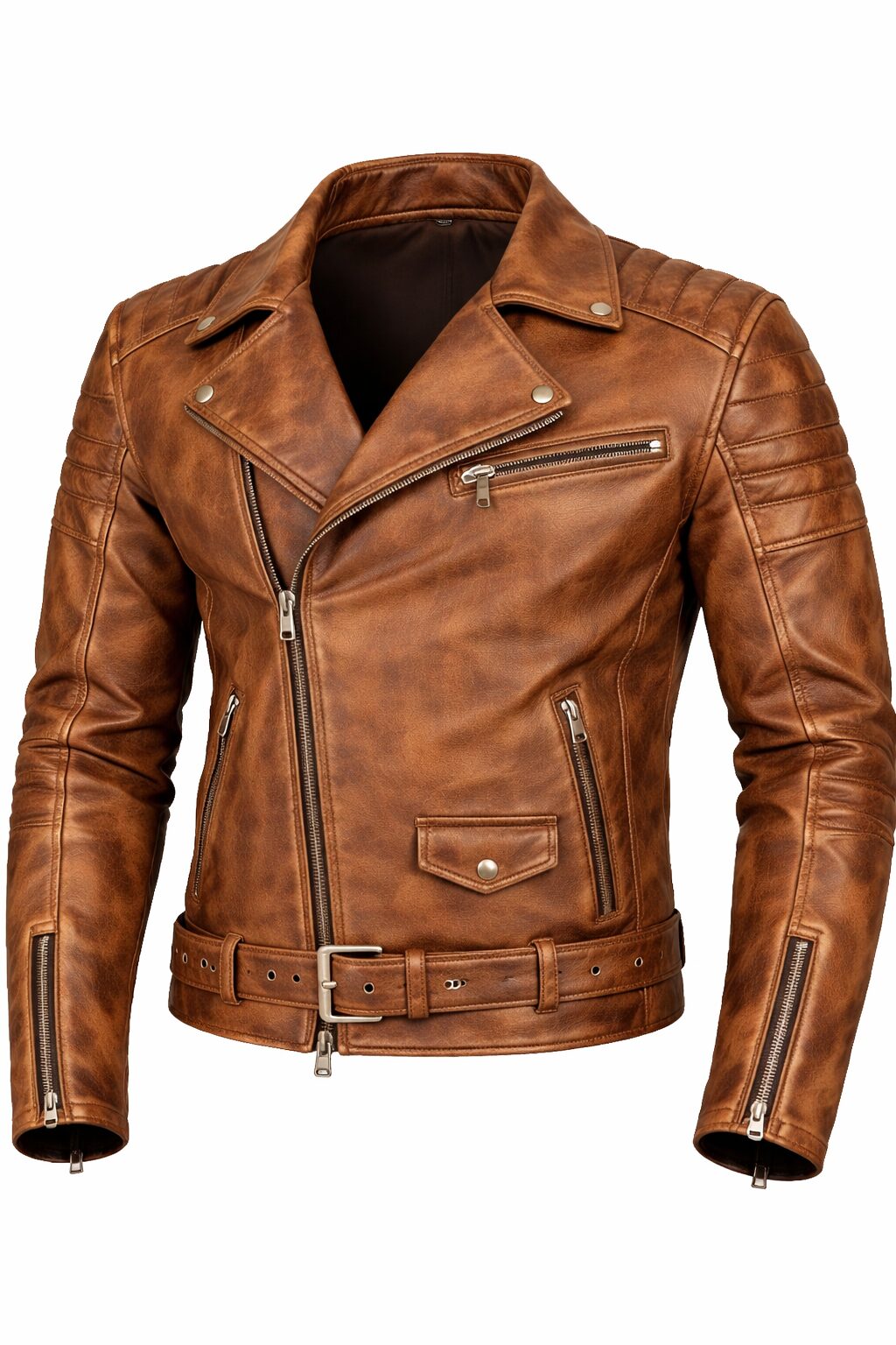 Men’s Tan Distressed Biker Leather Jacket – Asymmetrical Moto Style with Belt
