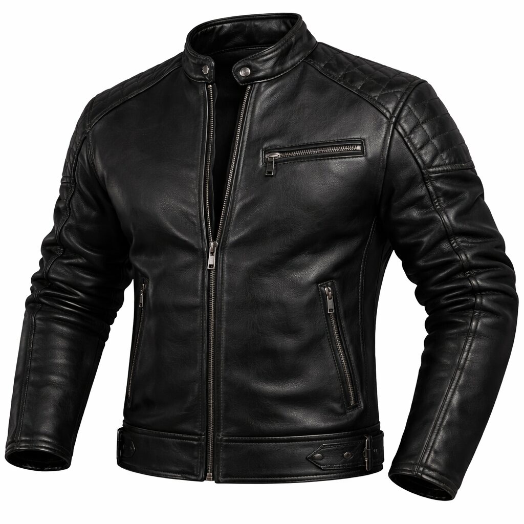 Men’s Premium Black Leather Café Racer Jacket – Slim Fit Motorcycle Style