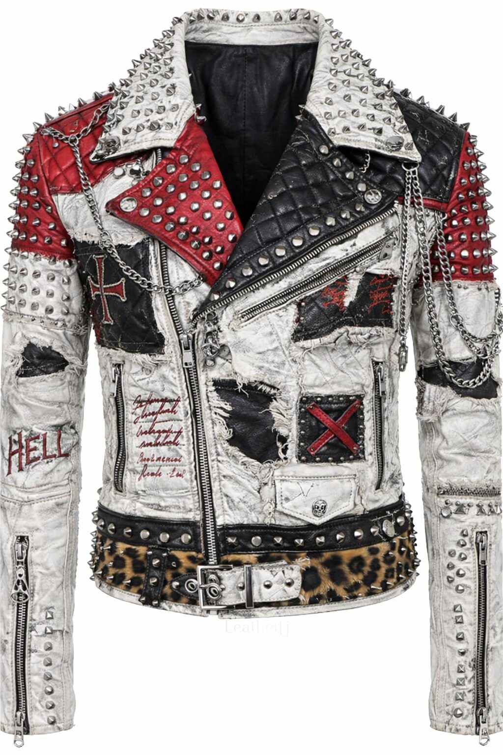 Rebel Patchwork Studded Leather Biker Jacket