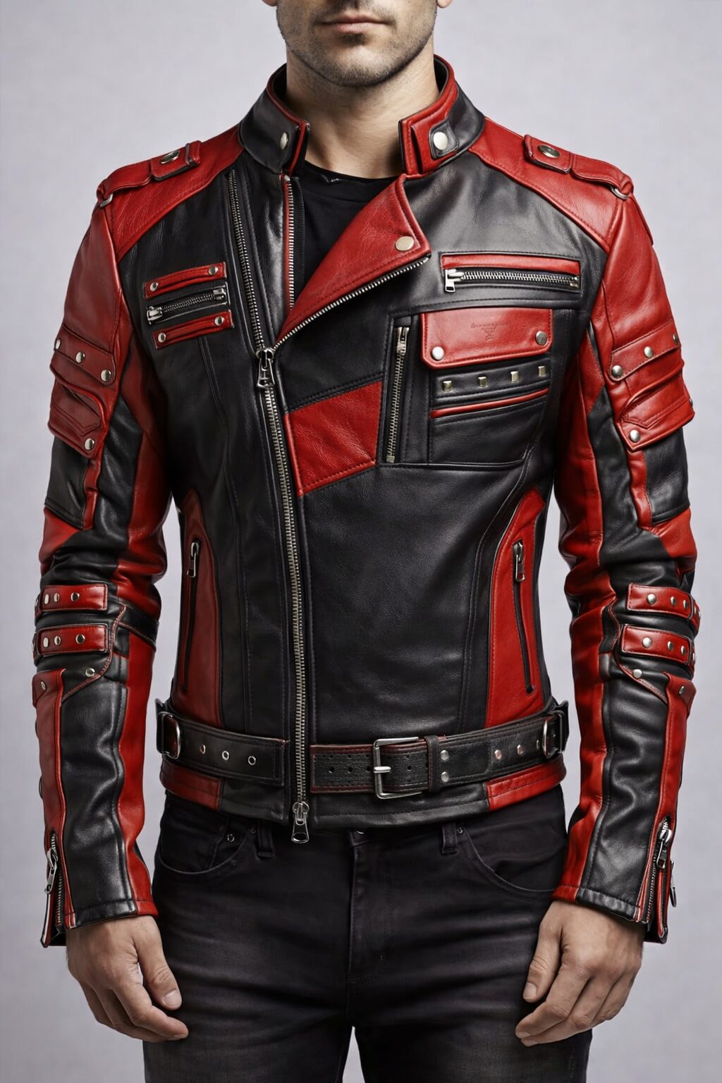 Men’s Red & Black Moto Leather Jacket – Premium Biker Style