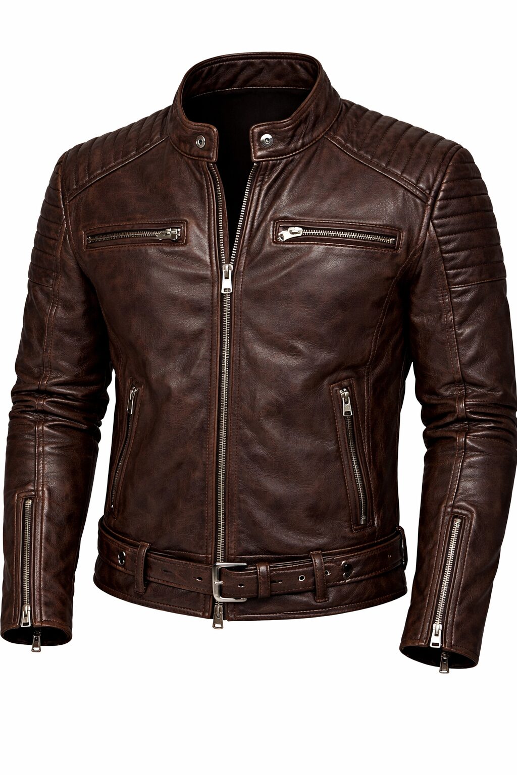 Men’s Dark Brown Distressed Leather Jacket – Slim Fit Biker Style with Belt