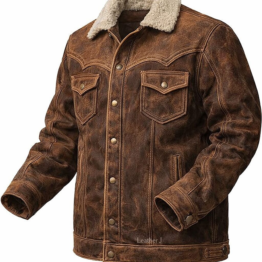 Vintage Distressed Brown Leather Jacket with Shearling Collar