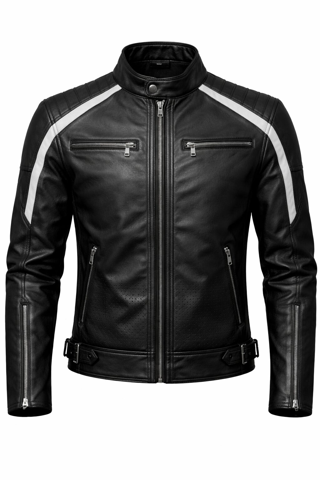 Men’s Black Sport Racer Leather Jacket with Stripe Detail – Slim Fit