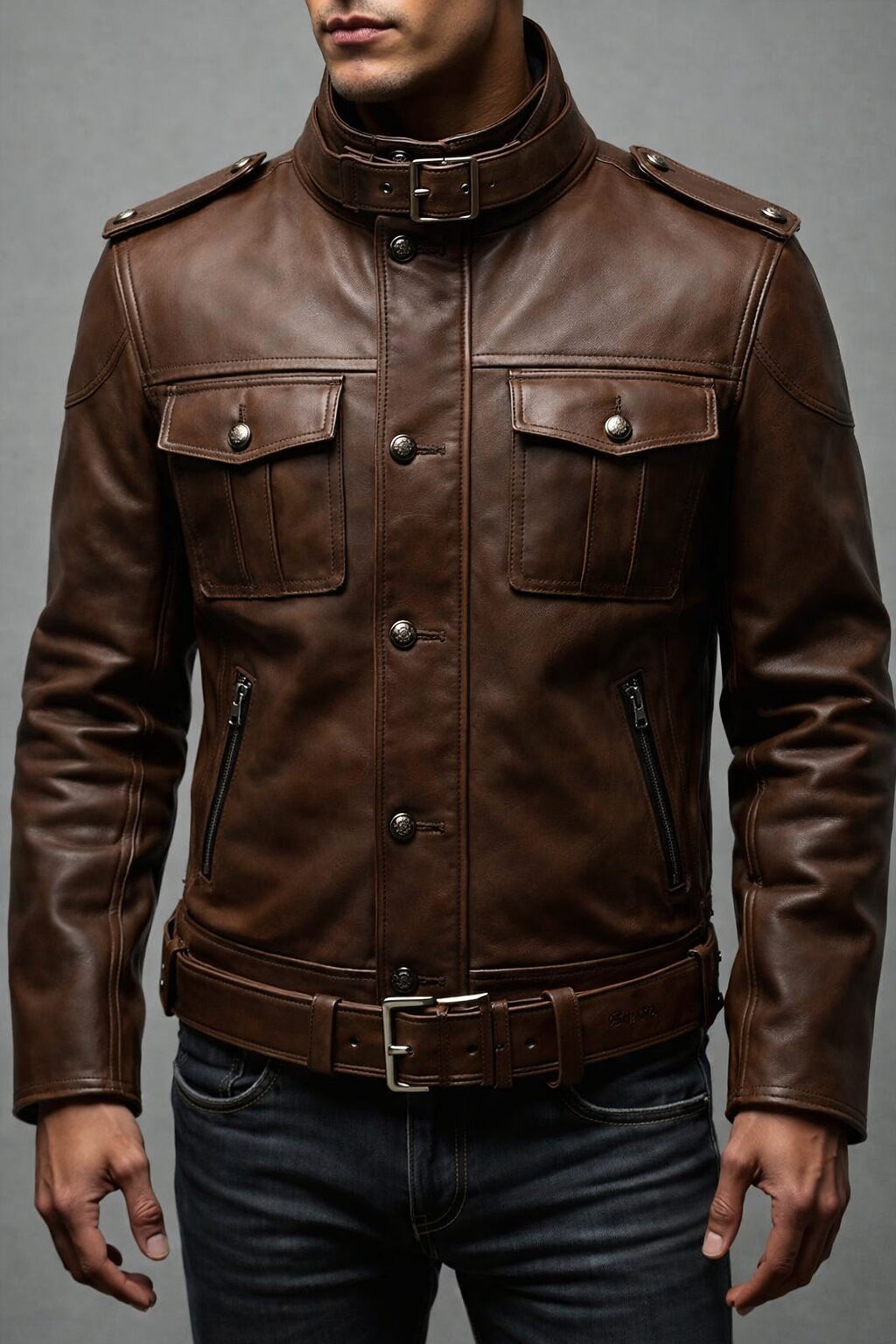 Men’s Brown Military Belted Leather Jacket – Classic Structured Fit